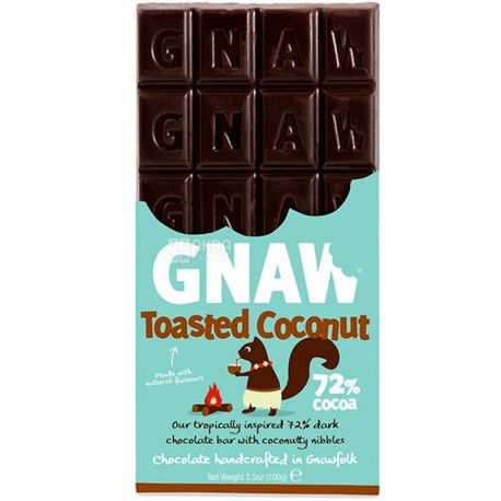Gnaw, 100 г, гнав, Бельгійський чорний шоколад зі смаженим кокосом