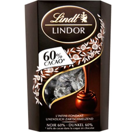 Lindt Lindor, 200 г, Ліндт Ліндор, Цукерки з темного шоколаду, з начинкою, 60%