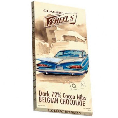 Belgian Chocolate, 100 г, Белджин, Шоколад екстрачорний Classic Wheels, зі шматочками какао-бобів, 72%