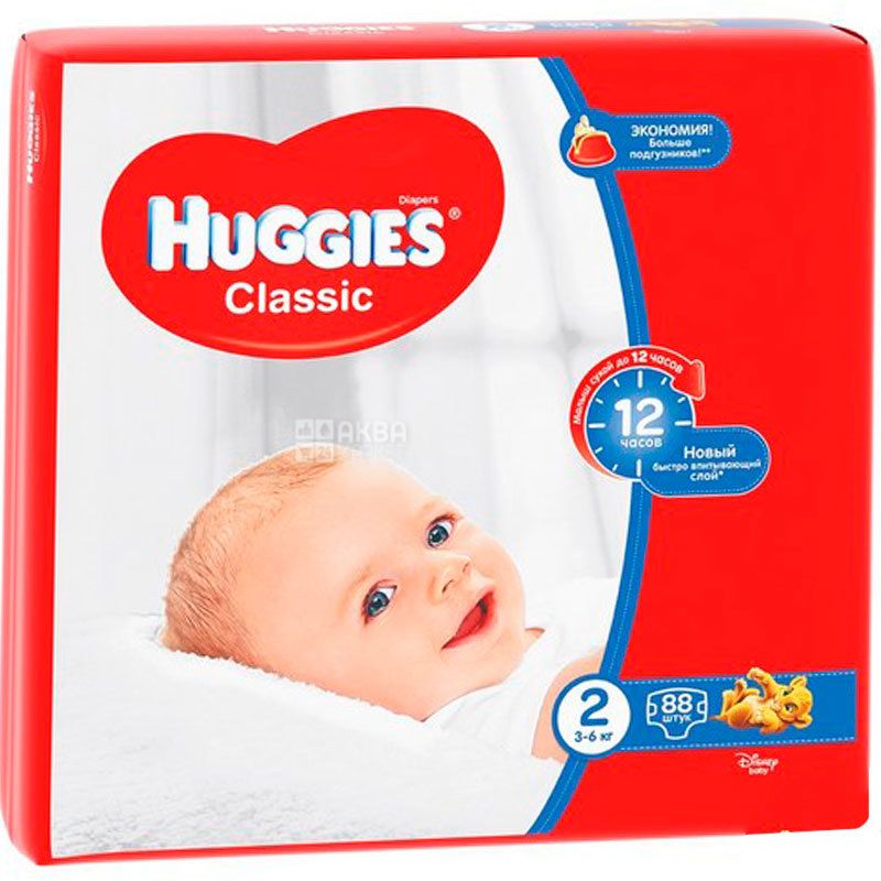 Huggies Classic, 88 шт., Хаггис, Подгузники-трусики, Размер 2, 3-6 кг ...