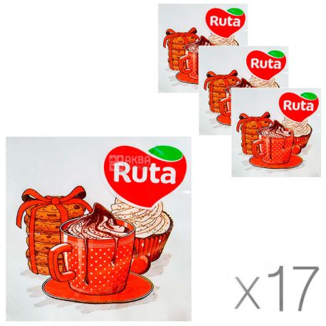 Ruta, 17 упаковок по 20 шт., Рута Серветки паперові Святкова кава, 33х33 см