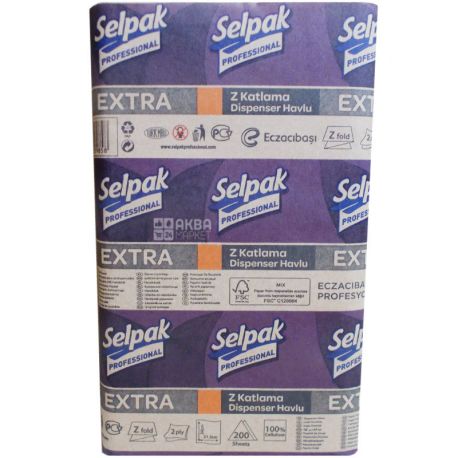 Selpak, Pro Extra, 200 листов, Бумажные полотенца Селпак, 2-х слойные, Z-сложения, белые, 21х24 см