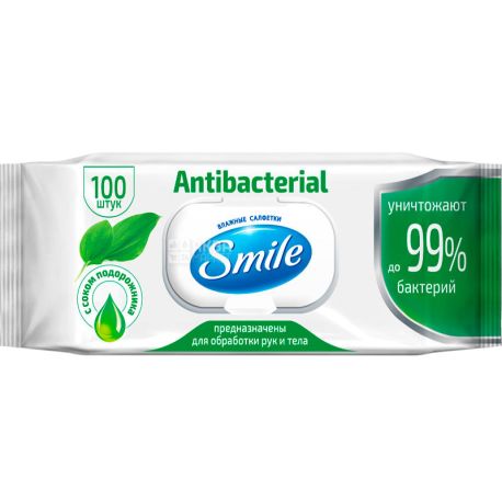 Smile Antibacterial, 100 шт., Смайл, Серветки вологі, із соком подорожника