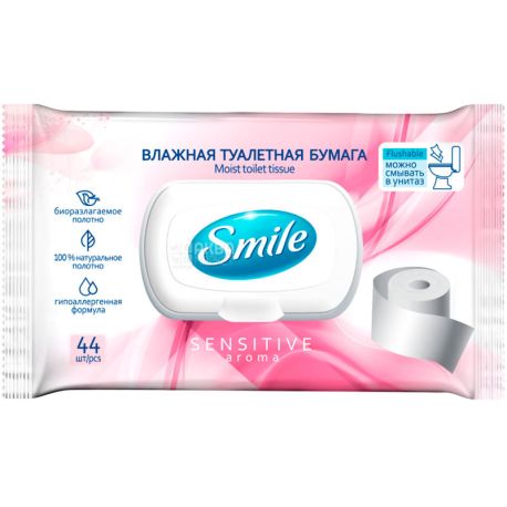 Smile Aroma, 44 шт., Смайл, Бумага туалетная влажная, для взрослых, с клапаном, в ассортименте