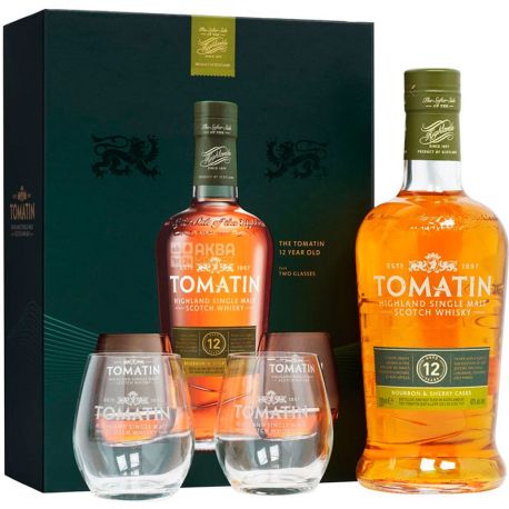 Tomatin Distillery 12 Y.O., Single malt whiskey, with 2 glasses