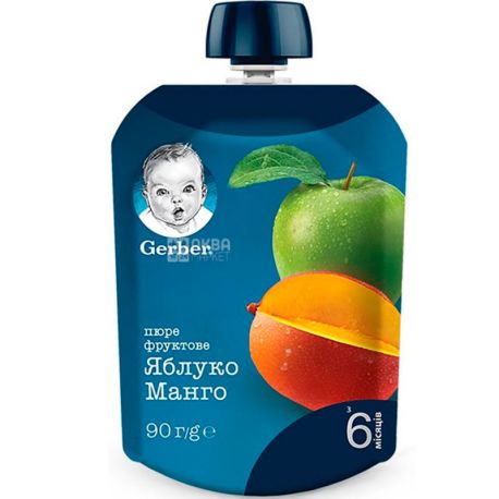 Gerber, 90 г, Гербер, Пюре фруктовое детское с 6-ти месяцев, Яблоко-Манго