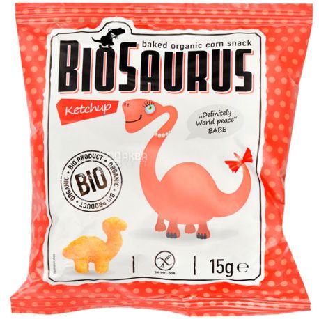 Biosaurus, 15 г, Биосаурус, Снеки кукурузные с кетчупом, органические, без глютена