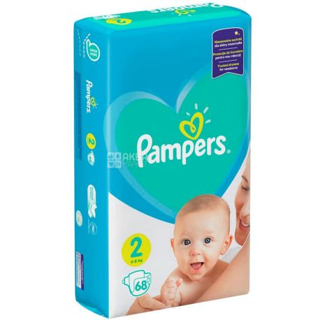 Pampers New Baby Mini, Big Bag, 68 шт., Памперс, Подгузники, Размер 2, 4-8 кг