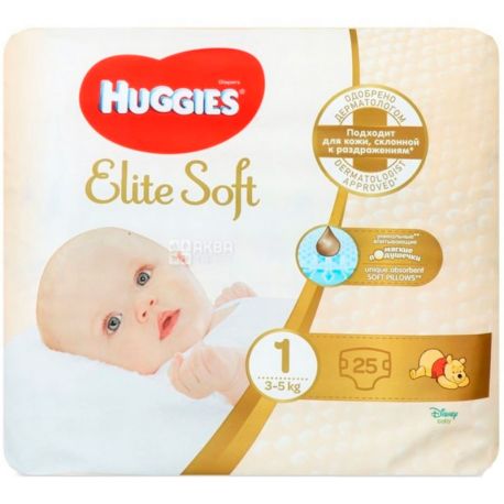 Huggies Elite Soft Covn, 25 шт., Хаггіс, Підгузки, Розмір 1, 3-5 кг