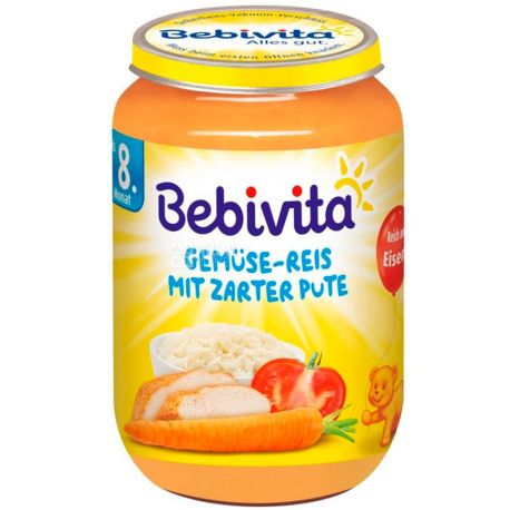 Bebivita, 220 г, Бебивита, Пюре, Рис и овощи с индейкой, с 8-ми месяцев