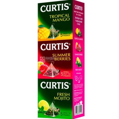 Curtis, Tropical Mango, Summer Berries, Fresh Mojito, 15 пак., Набір пакетованого чаю, асорті