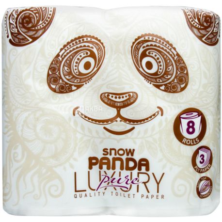 Снежная Панда, Luxury Pure, 8 рулонов, Бумага туалетная, трехслойная