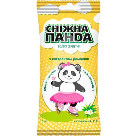 Снежная Панда, Kids, 15 шт., Салфетки влажные детские, Ромашка