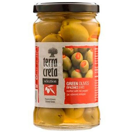  Terra Creta, Green olives with red pepper, 315 г, Оливки зелені фаршировані перцем