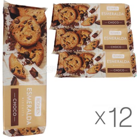 Roshen Esmeralda, 150 г, Упаковка 12 шт., Рошен, Печенье Эсмеральда с кусочками шоколадной глазури