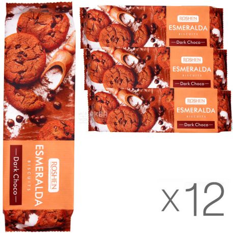 Roshen Esmeralda, 150 г, Упаковка 12 шт., Рошен, Печенье Эсмеральда шоколадное с кусочками шоколадной глазури