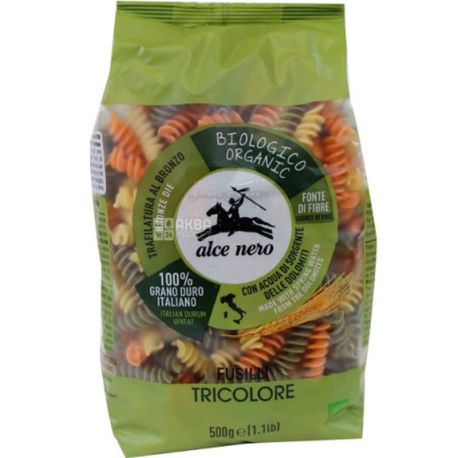Alce Nero, Fusilli, 500 г, Альче Неро, Паста Фузилли, из твердых сортов пшеницы, с томатом и шпинатом