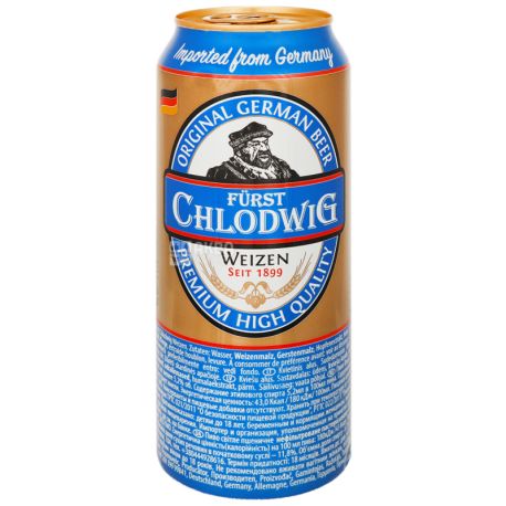 Furst chlodwig, 0.5 л, Фюрст Хлодвиг, Пиво светлое нефильтрованное, ж/б