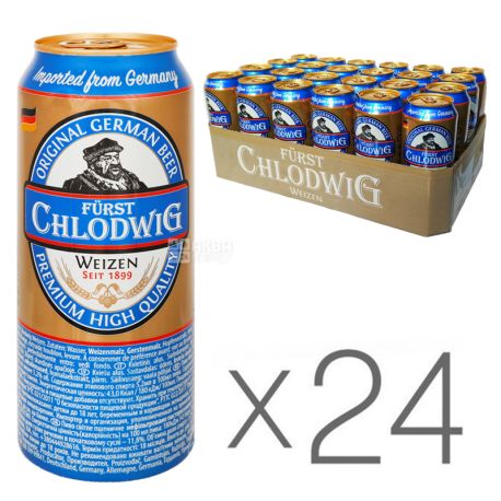Furst chlodwig, Упаковка 24 шт. х 0.5 л, Фюрст Хлодвіг, Пиво світле нефільтроване, ж / б