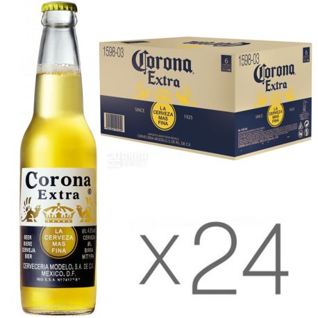 Corona Extra, Упаковка 24 шт. х 0.355 л, Корона, Пиво світле, скло