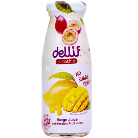 Dellif, Smoothie Mango with Passion Fruit, 180 мл, Смузи Делиф, Манго и маракуйя, с мякотью, без сахара