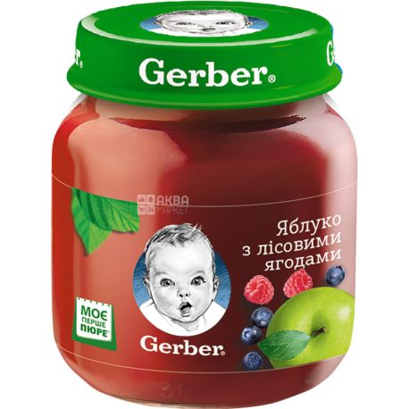 Gerber, 130 г, Гербер, Пюре фруктовое детское с 6-ти месяцев, Яблоко с лесными ягодами
