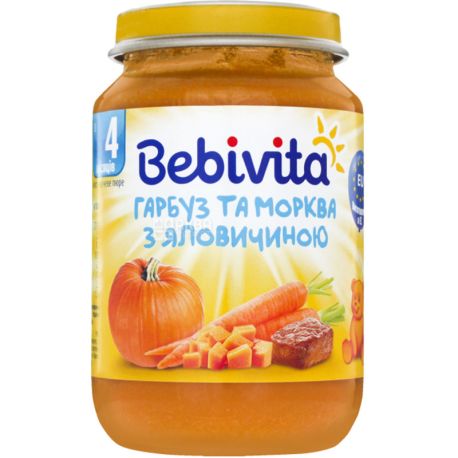 Bebivita, 190 г, Бебивита, Овоще-мясное пюре с 4 месяцев, Тыква-Морковь-Говядина