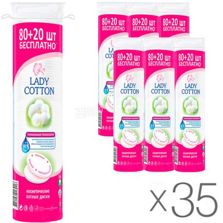 Lady Cotton, 80+20 шт., Упаковка 35 шт., Косметические ватные диски