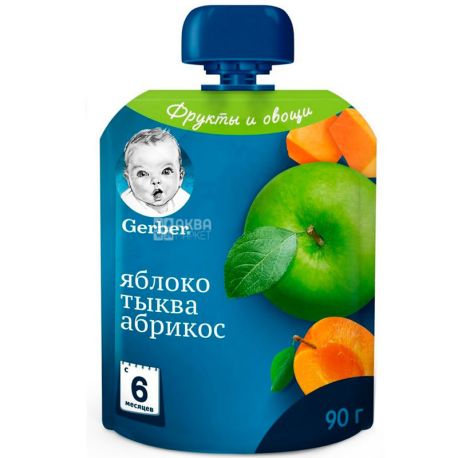 Gerber, 90 г, Гербер, Фруктово-овощное пюре, Яблоко-тыква-абрикос, с 6-ти месяцев