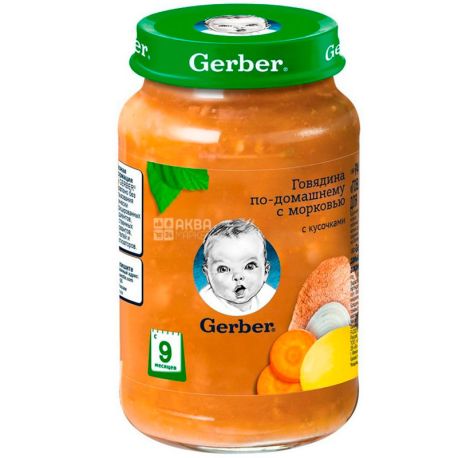 Gerber, 190 г, Гербер, Пюре, Яловичина по-домашньому з морквою, зі шматочками, з 9-ти місяців