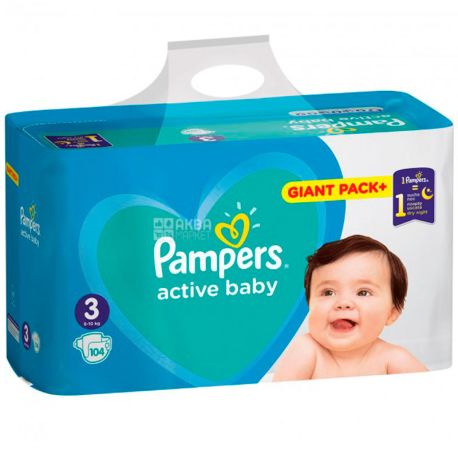Pampers Active Baby-Dry, 104 шт, Памперс, Підгузки Актив Бебі Драй, Розмір 3, 6-10 кг