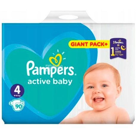 Pampers Active Baby, 90 шт, Памперс, Подгузники Актив Бэби, Размер 4, 9-14 кг