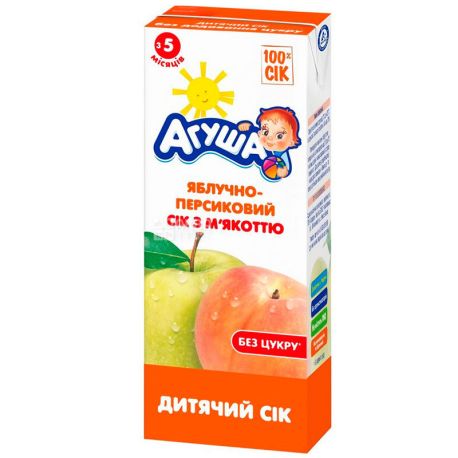 Агуша, 200 мл, Сок детский Яблоко-Персик, с мякотью, с 5-ти месяцев