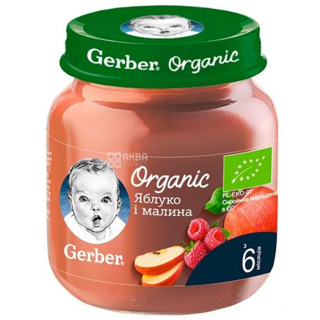 Gerber, 125 г, Гербер, Пюре фруктове дитяче з 6-ти місяців, органічне,Яблуко-Малина