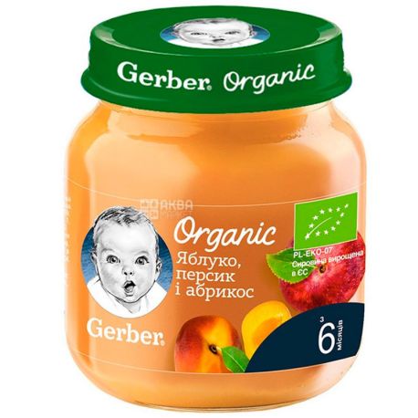 Gerber, 125 г, Гербер, Пюре фруктове дитяче з 6-ти місяців, органічне, Яблуко-Персик-Абрикос