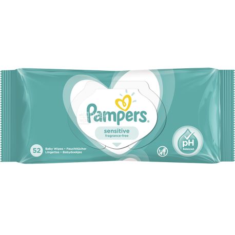 Pampers Sensitive, 52 шт., Памперс, Салфетки влажные детские, без клапана