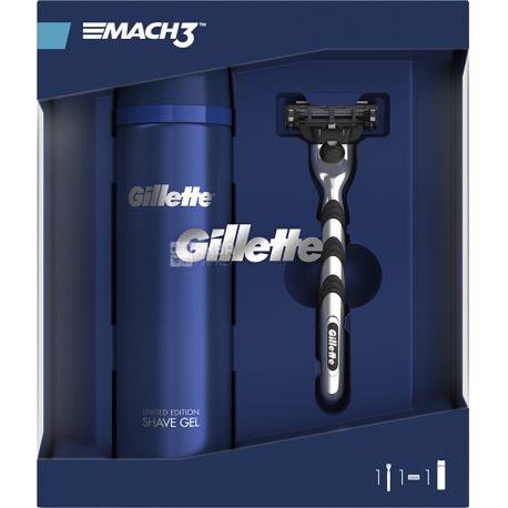 Gillette Mach 3, Подарочный набор для мужчин, Бритва Mach 3 Start с 1 сменной кассетой + Гель для бритья Ultra Sensitive 200 мл