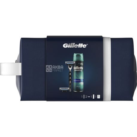Gillette Mach 3, Подарочный набор для мужчин, Бритва с 2 сменными кассетами + Гель для бритья 200 мл + Дорожный чехол