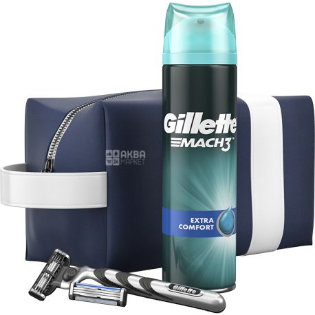 Gillette Mach 3, Подарочный набор для мужчин, Бритва с 2 сменными кассетами + Гель для бритья 200 мл + Дорожный чехол
