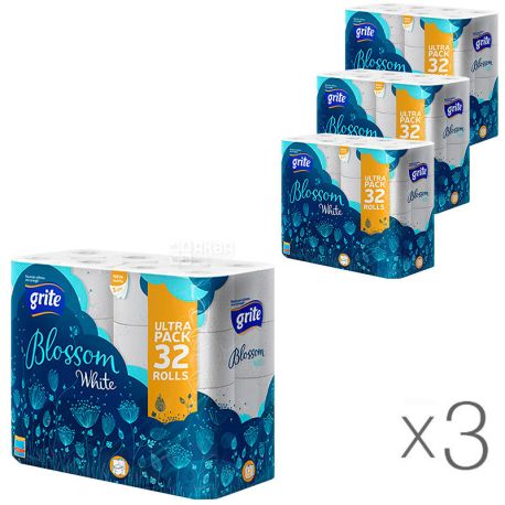 Grite Blossom, 32 рул., Упаковка 3 шт., Грите Блоссом, Туалетная бумага, 3 слоя