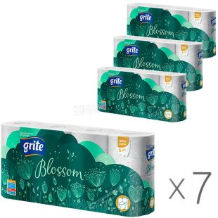 Grite Blossom, 8 рул., Упаковка 7 шт., Грите Блоссом, Туалетная бумага, 3 слоя