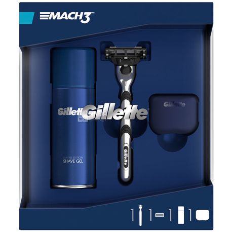 Gillette Mach 3, Подарочный набор для мужчин, Бритва с 1 сменной кассетой + Гель для бритья 75 мл + Дорожный чехол