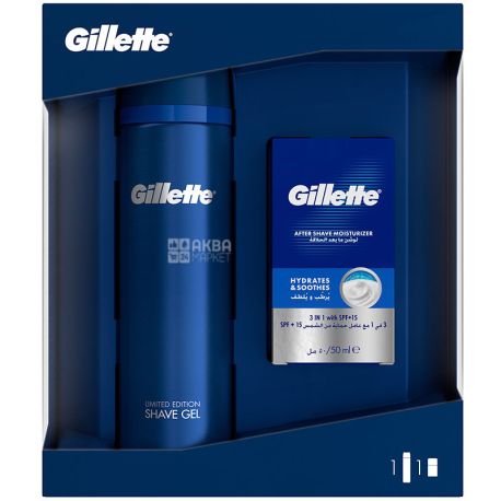 Gillette, Подарочный набор для мужчин, Гель для бритья 200 мл + Бальзам после бритья увлажняющий 50 мл