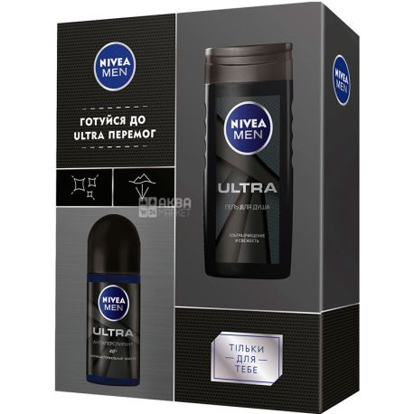 Nivea Ультра, Подарунковий набір для чоловіків, Дезодорант роликовий Ultra 50 мл, Гель для душа Ultra 250 мл