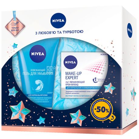 Nivea Мейк-ап эксперт, Подарочный набор для женщин, Освежающий гель для умывания 150 мл, Крем-флюид MakeUp Exp 2в1 50 мл