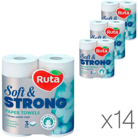 Ruta, Soft & Strong, 2 рул., Упаковка 14 шт., Рута, Паперові рушники, 3-х шарові, 11 м, 85 листів, 21х11 см