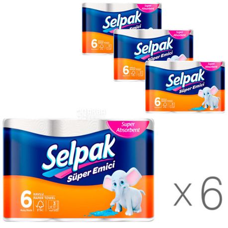 Selpak, Super Emici, 6 рул., Упаковка 6 шт, Селпак, Паперові рушники суперпоглинаючі, 3-х шарові, 80 аркушів, 32х23 см