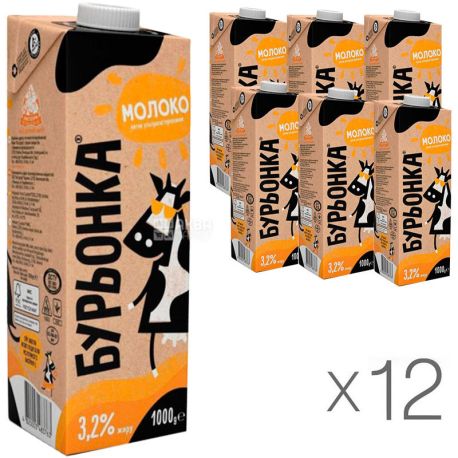 Burenka, Packing 12 pcs. on 1 l, 3,2%, Milk, Ultrapasteurized