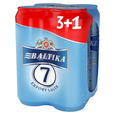 Балтика №7, 4 х 0,5 л, Пиво светлое, мультипак, ж/б