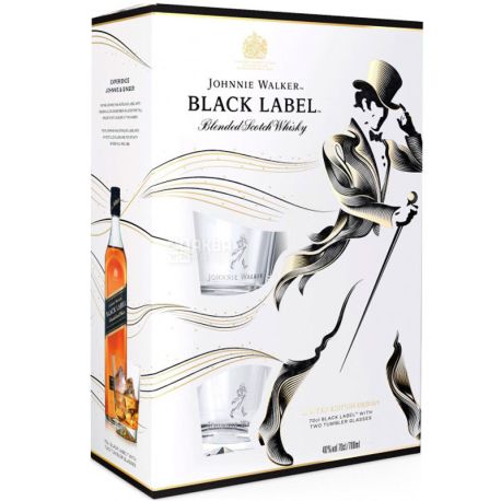 Johnnie Walker, Black label, Виски в подарочной коробке с 2-мя стаканами, 0,7 л